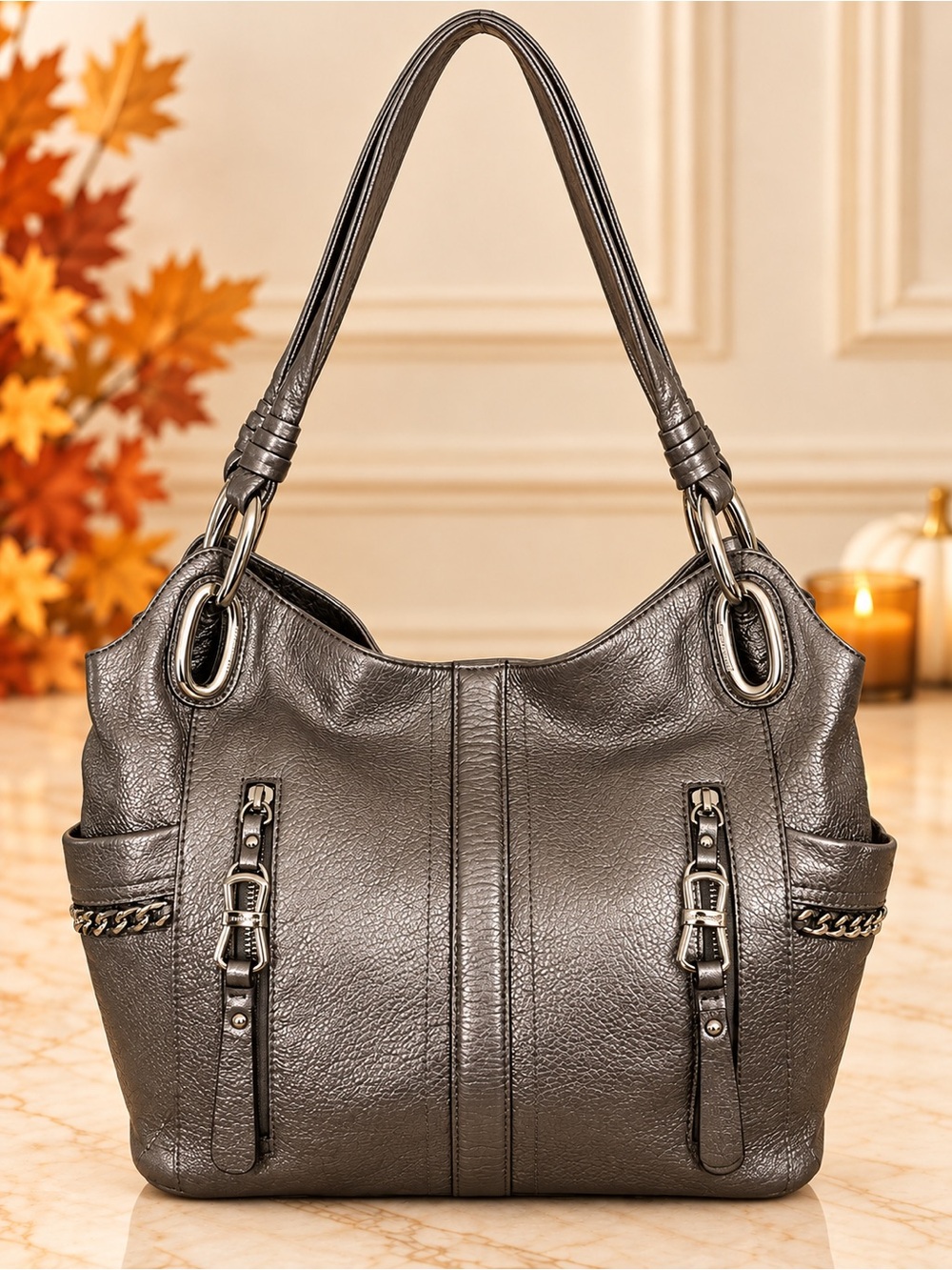 B. Makowsky Metallic Pewter Leather Hobo Shoulder Bag
